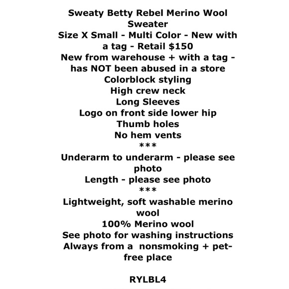 $150 Sweaty Betty Merino Wool Sweater XSmall Color Block High Crew Thumb Holes - Picture 2 of 13